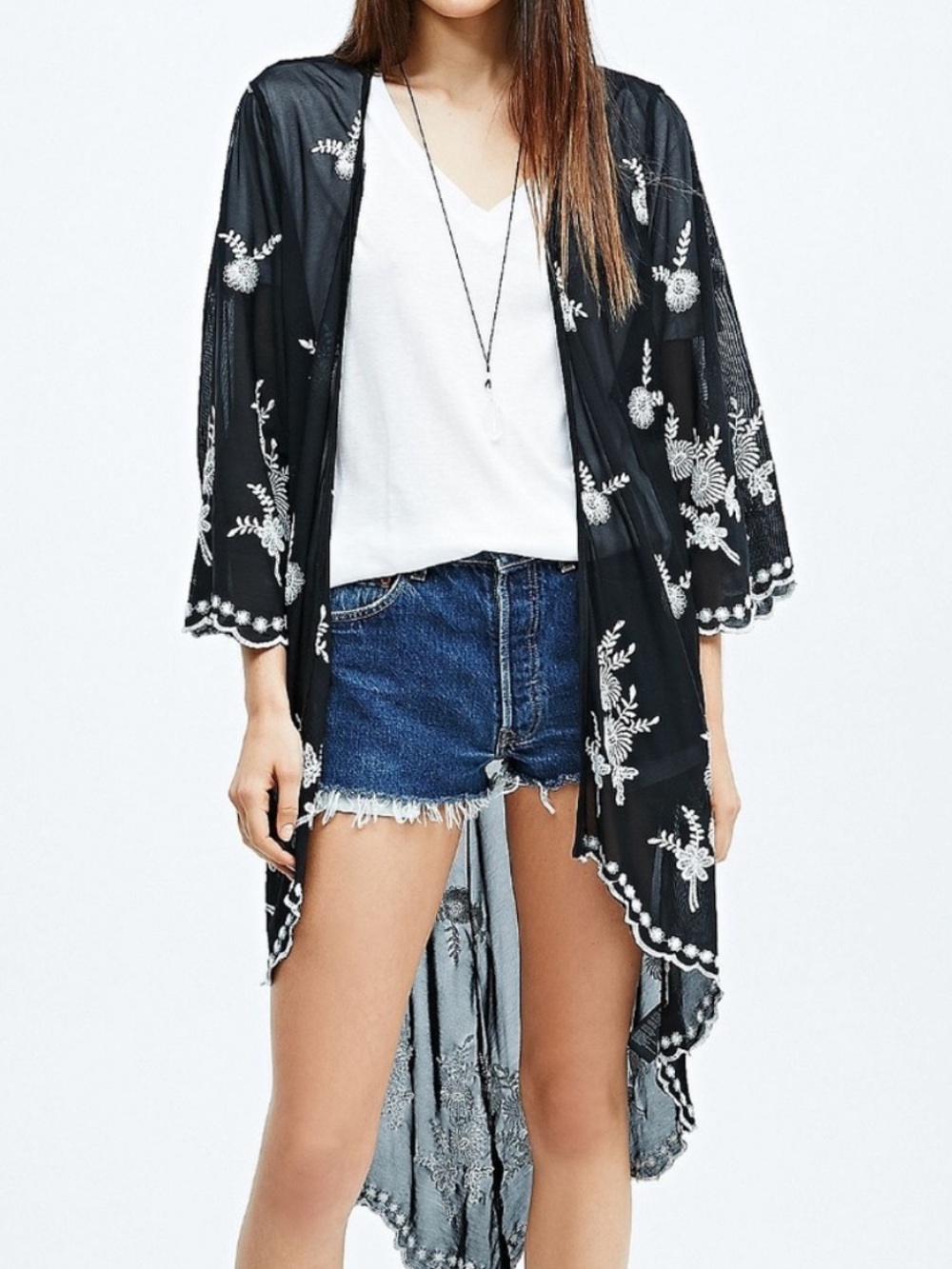 Urban Outfitters Black Mesh Kimono with White Floral Embroidery
